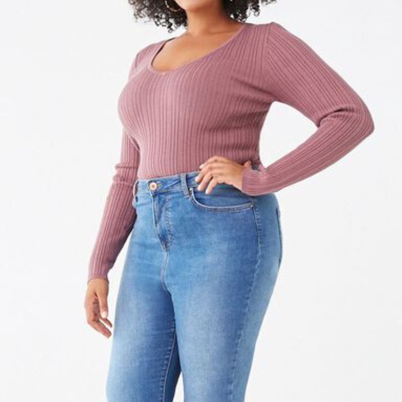Forever 21 Fall Winter V-Neck Long Sleeve Mauve Pink Ribbed Sweater Plus Size 0x - Picture 7 of 9